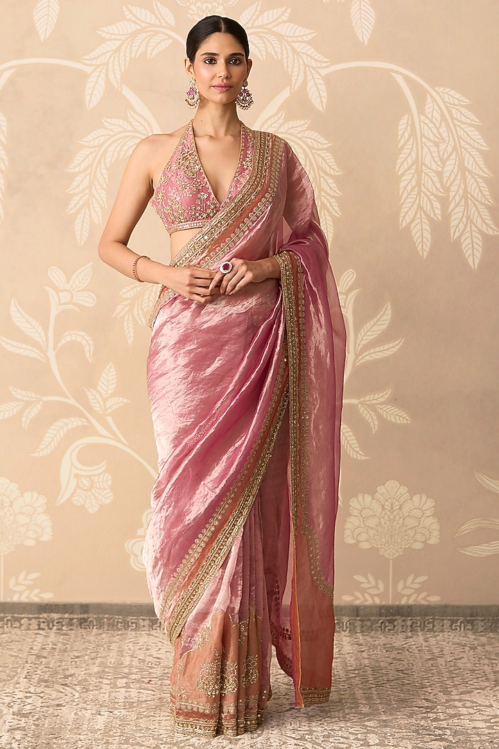Fuchsia & Orange Tissue Bridal Saree Set by Ridhi Mehra at Pernia's Pop Up Shop