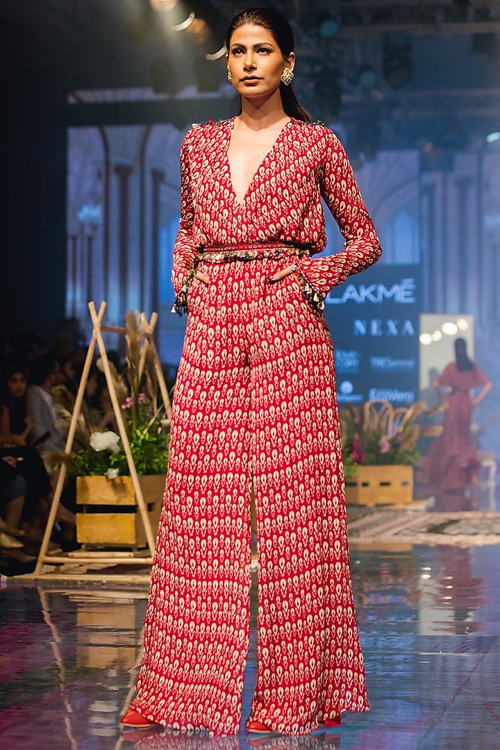 Red Printed Jumpsuit With Coin Belt by Ridhi Mehra