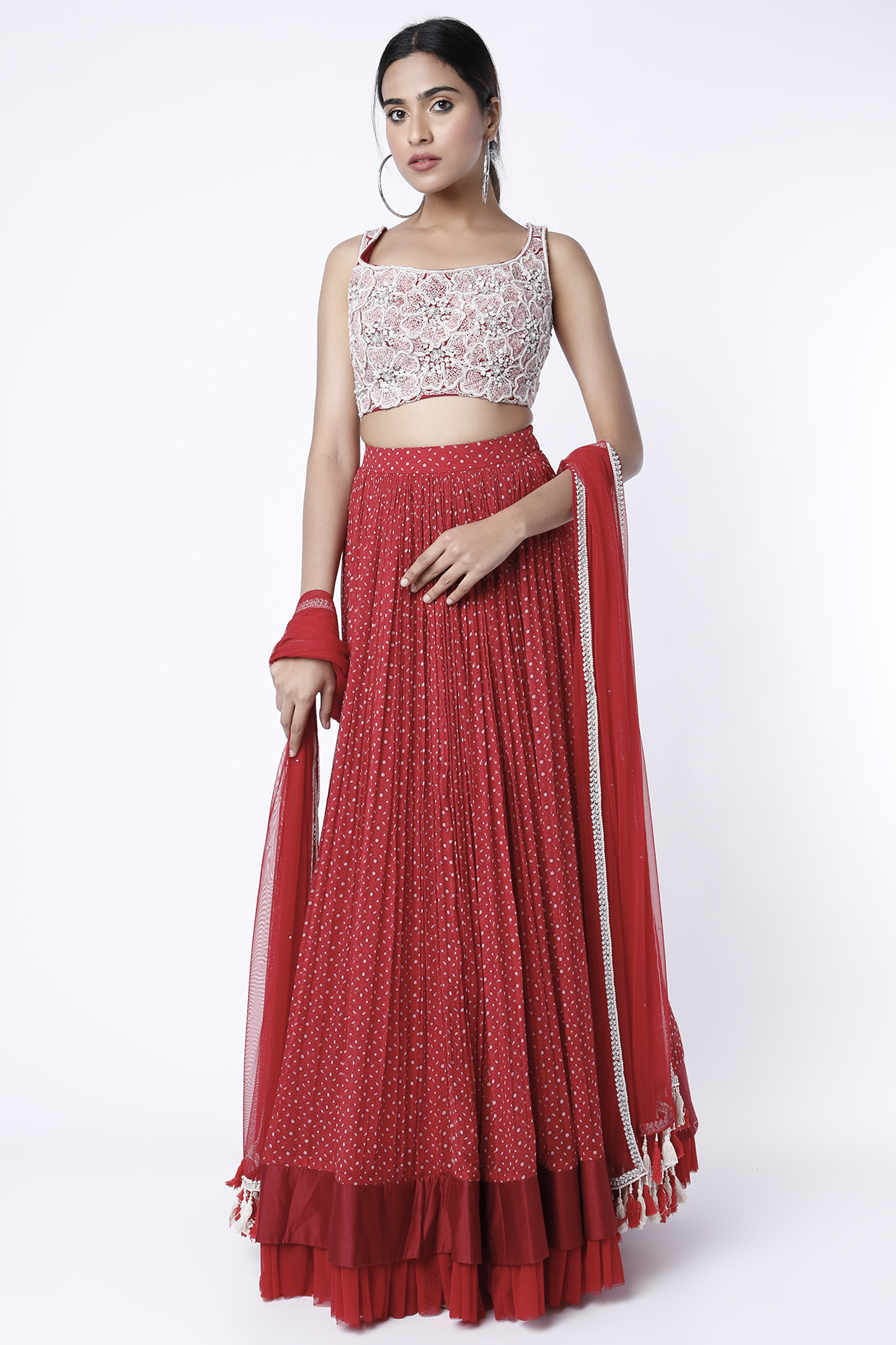 Red Chiffon Wedding Lehenga Set by Ridhi Mehra at Pernia's Pop Up Shop