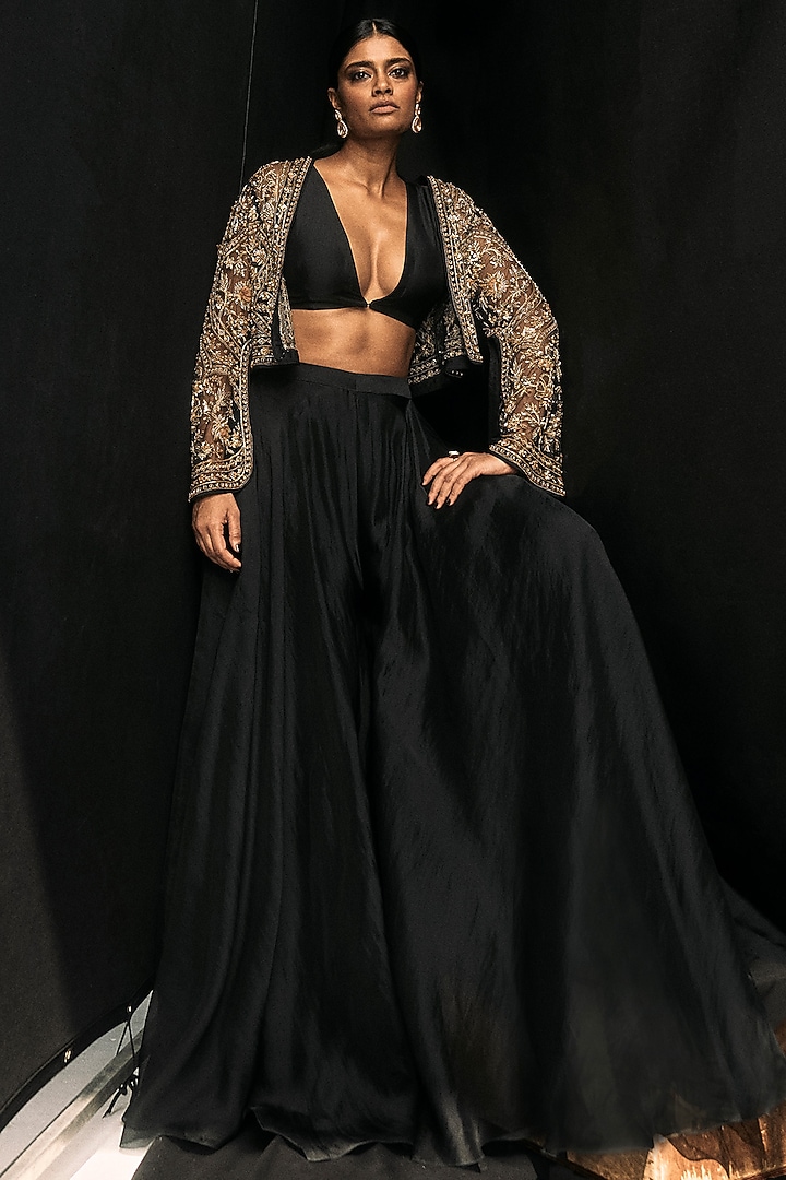 Black Organza Sharara Bridal Saree Set by Ridhi Mehra at Pernia's Pop Up Shop