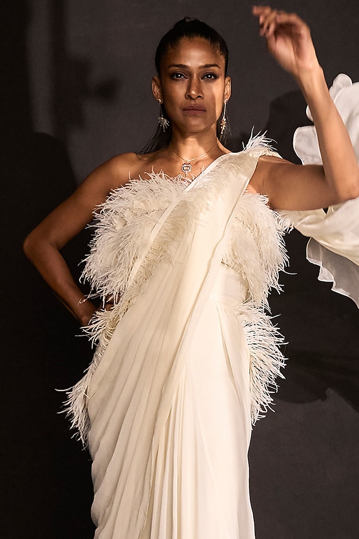 Ivory Chiffon Feather Embellished Draped Reception Gown Saree by Ridhi Mehra at Pernia's Pop Up Shop