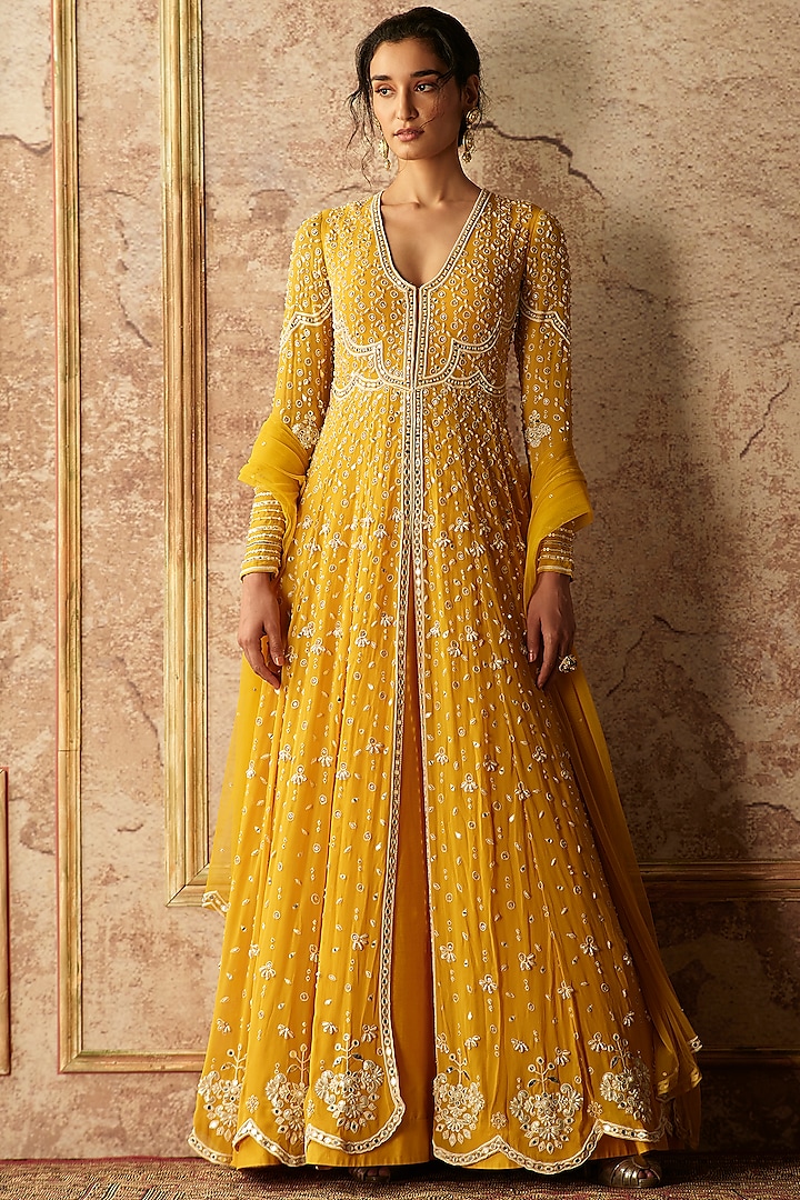 Golden Yellow Embroidered Anarkali With Dupatta by Ridhi Mehra