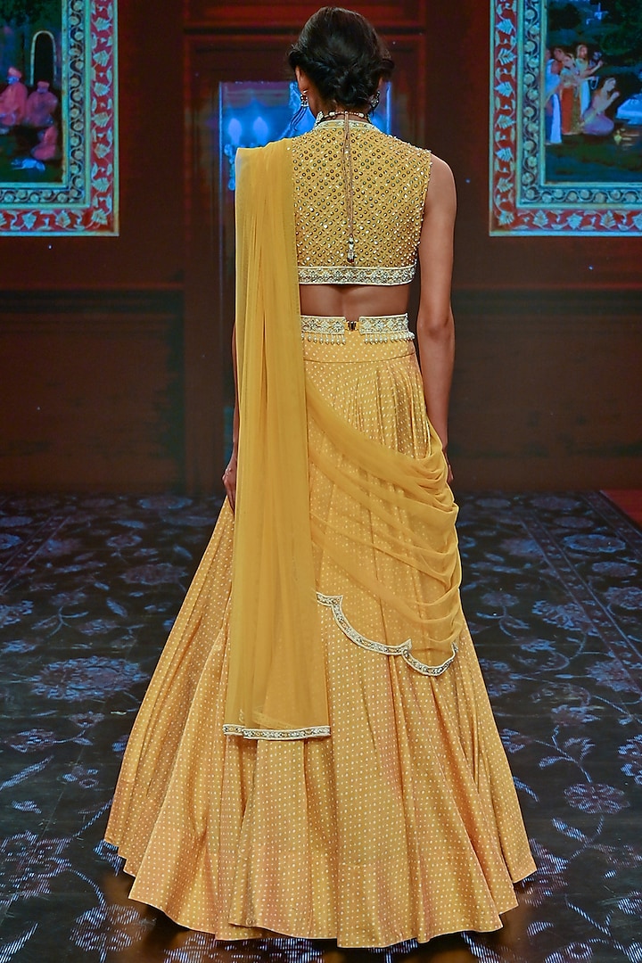 Yellow Chanderi Folk Printed Wedding Lehenga Set by Ridhi Mehra at Pernia's Pop Up Shop