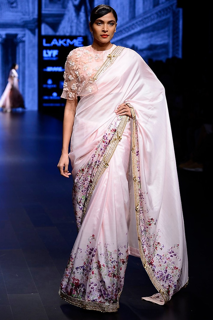 Light Pink Saree with Embroidered Cape Blouse by Ridhi Mehra