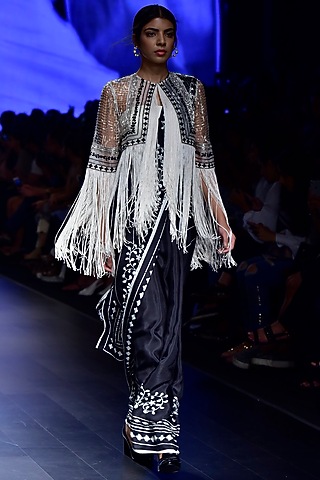 Black Floral Print Saree with Ivory Fringe Jacket by Ridhi Mehra