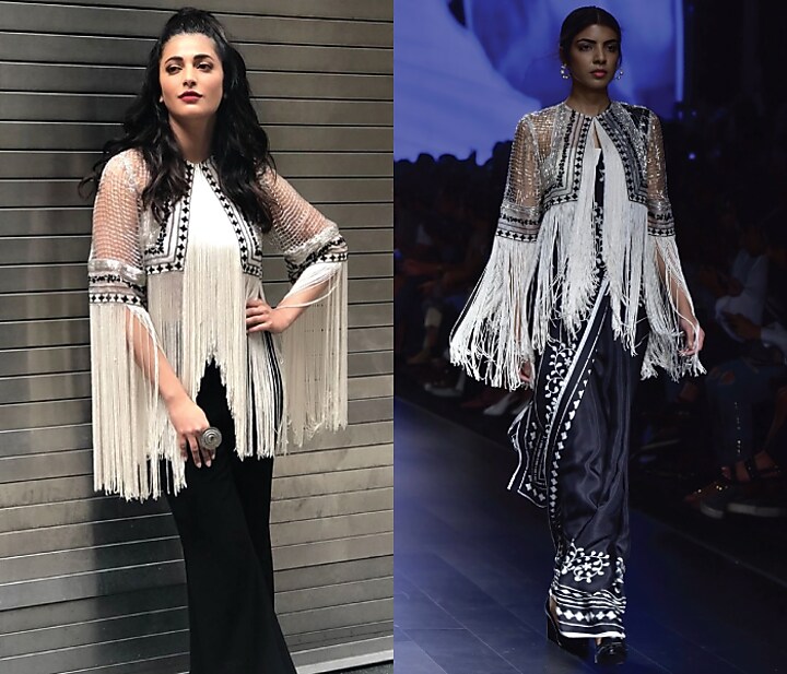 Black floral print saree with ivory fringe jacket available only at Pernia's Pop Up Shop.