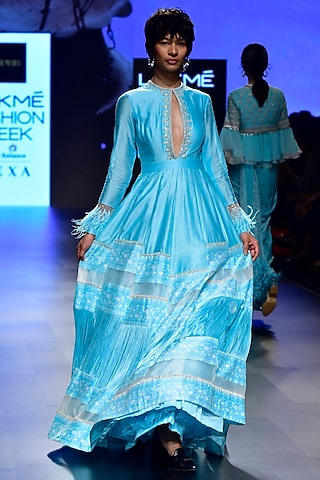 Aqua Feather Cuff Printed Anarkali by Ridhi Mehra