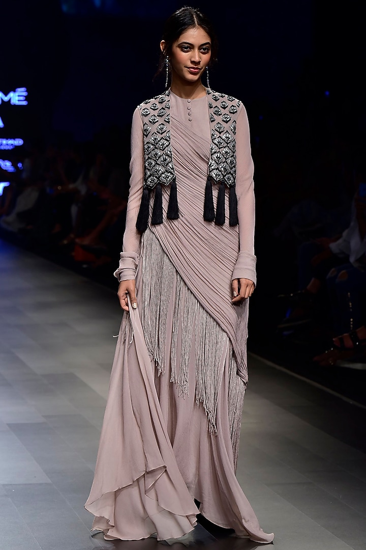 Grey Fringe Kurta with Contrast Lotus Motif Jacket by Ridhi Mehra