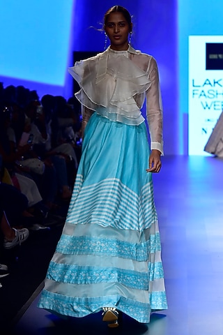 Ivory Ruffled Shirt with Aqua Skirt by Ridhi Mehra