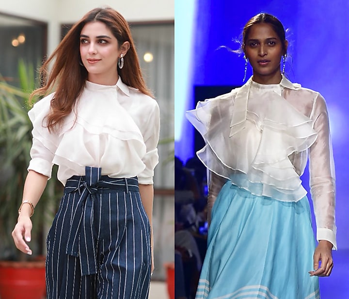 Ivory ruffled shirt with aqua skirt available only at Pernia's Pop Up Shop.