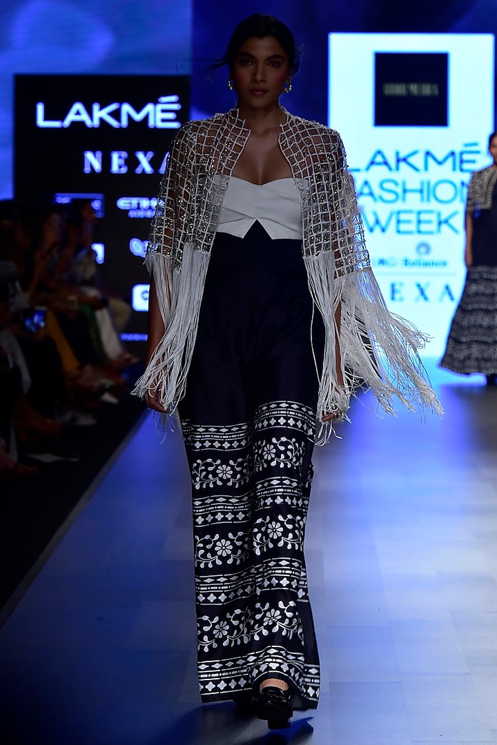 Black Embroidered Jacket with Bustier and Printed Palazzo Pants Set by Ridhi Mehra