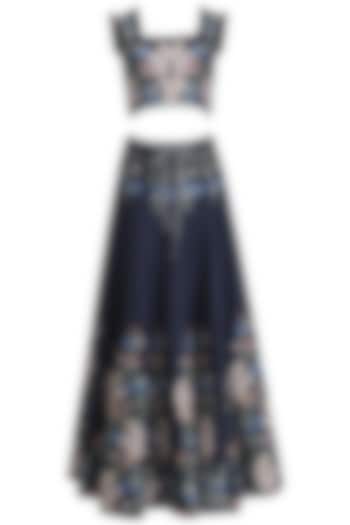 Blue Thread Embroidered Crop Top and Skirt Set by Ruhmahsa