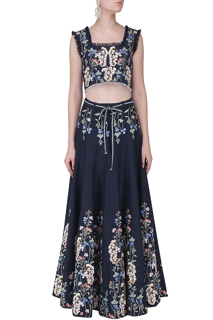 Blue thread embroidered crop top and skirt set available only at Pernia's Pop Up Shop.