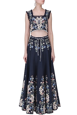 Blue Thread Embroidered Crop Top and Skirt Set by Ruhmahsa