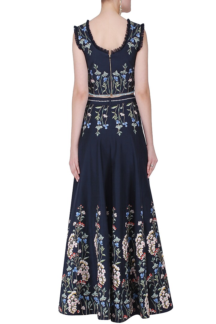 Blue thread embroidered crop top and skirt set available only at Pernia's Pop Up Shop.