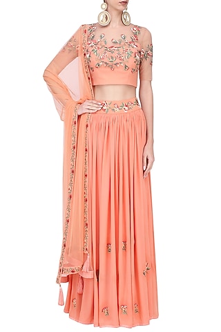 Peach Thead Embroidered Lehenga Set by Ruhmahsa