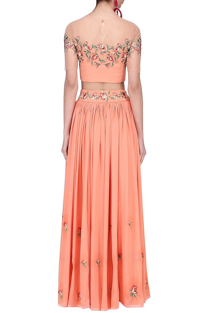 Peach thead embroidered lehenga set available only at Pernia's Pop Up Shop.
