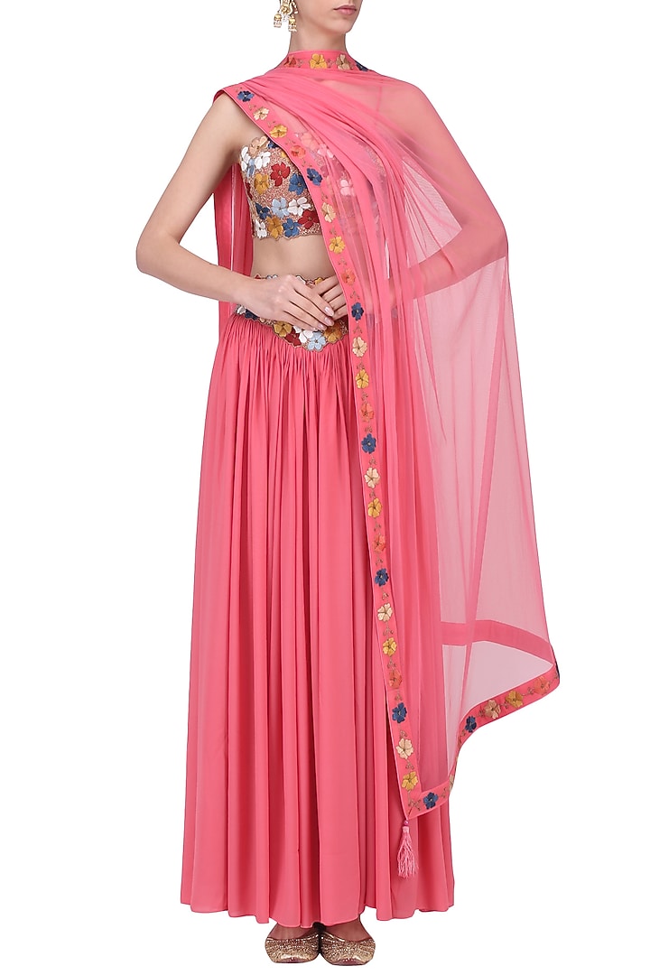 Pink embroidered lehenga set available only at Pernia's Pop Up Shop.
