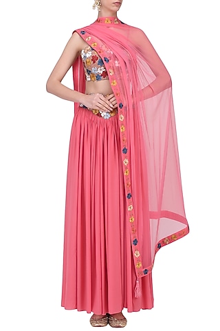 Pink Embroidered Lehenga Set by Ruhmahsa