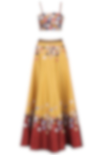 Mustard and Red Embroidered Lehenga Set by Ruhmahsa