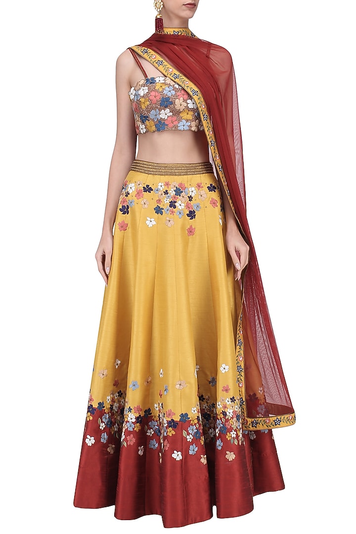 Mustard and red embroidered lehenga set available only at Pernia's Pop Up Shop.