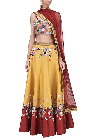 Mustard and Red Embroidered Lehenga Set by Ruhmahsa