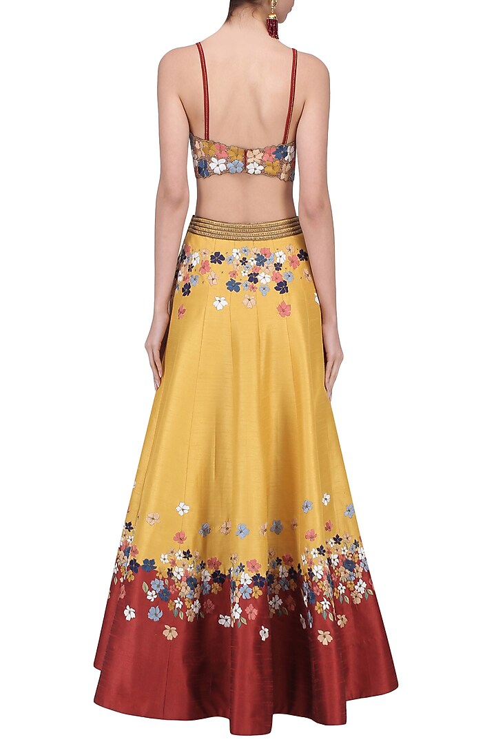 Mustard and red embroidered lehenga set available only at Pernia's Pop Up Shop.