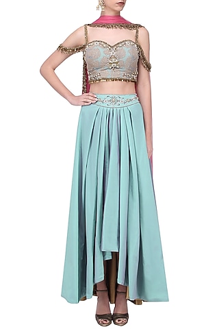 Turquoise Blue Embroidered Lehenga Set by Ruhmahsa