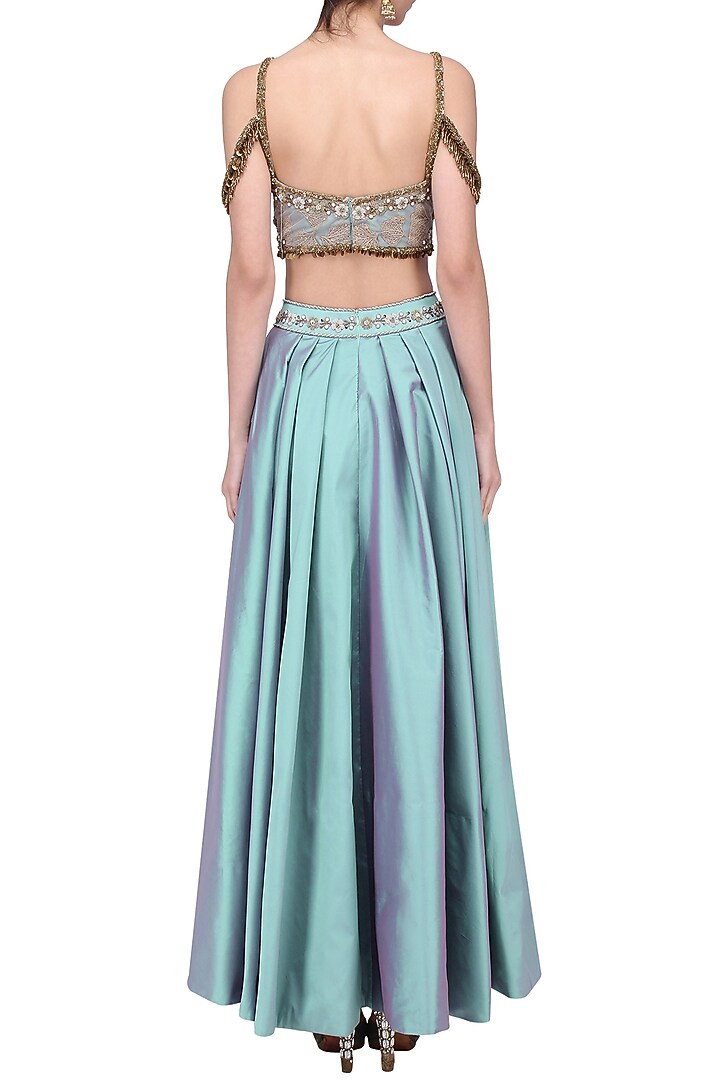 Turquoise blue embroidered lehenga set available only at Pernia's Pop Up Shop.