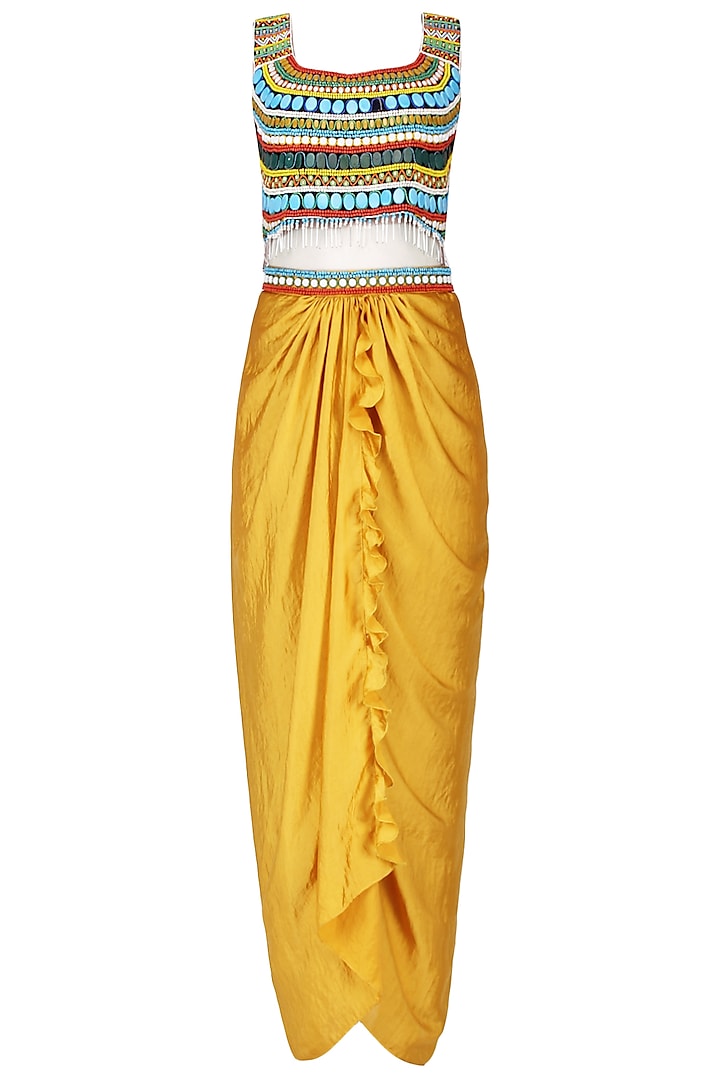 Mustard beaded crop top and drape skirt set available only at Pernia's Pop Up Shop.