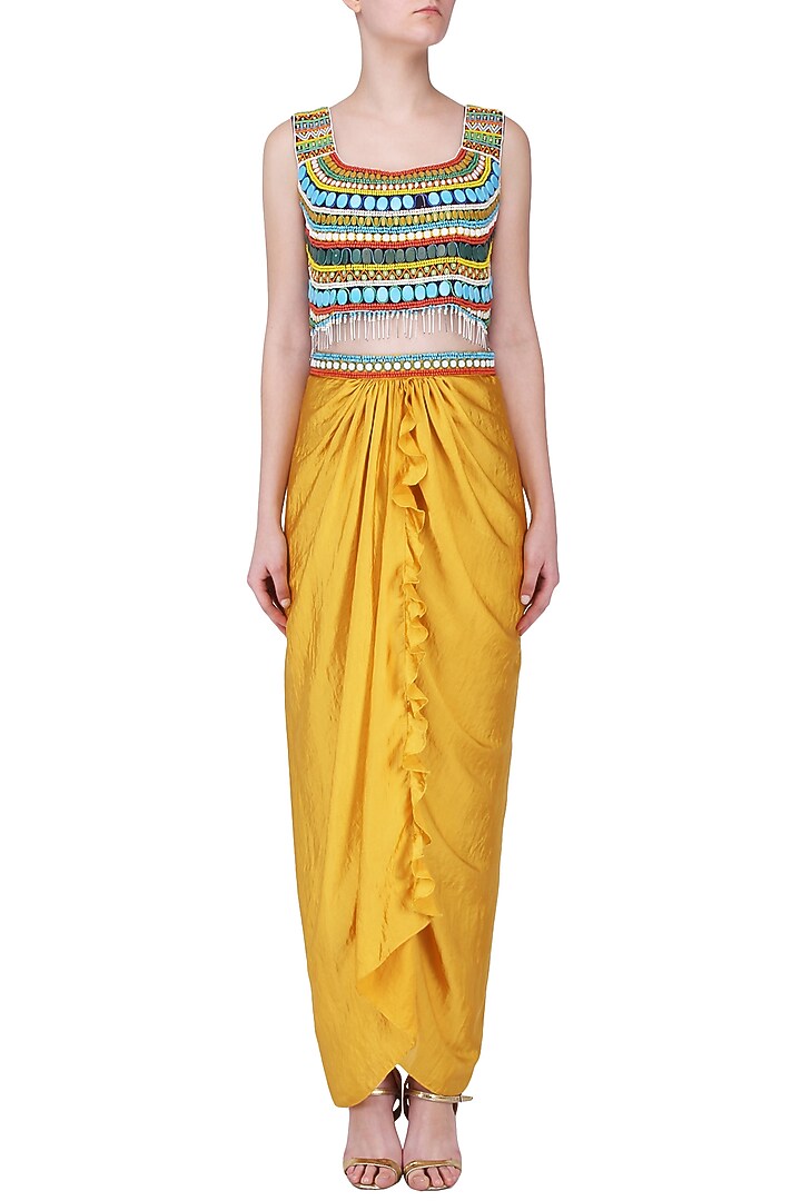 Mustard beaded crop top and drape skirt set available only at Pernia's Pop Up Shop.