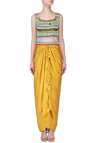 Mustard Beaded Crop Top and Drape Skirt Set by Ruhmahsa