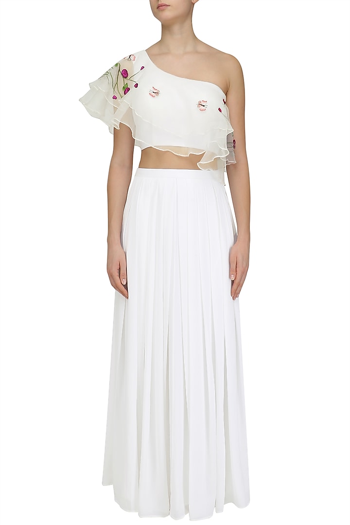 White floral embroidered one shoulder crop top and skirt set available only at Pernia's Pop Up Shop.