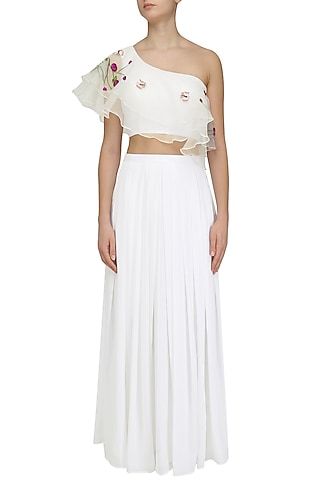 White Floral Embroidered One Shoulder Crop Top and Skirt Set by Ruhmahsa