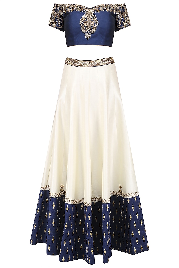 White and blue embroidered lehenga set by Ruhmahsa