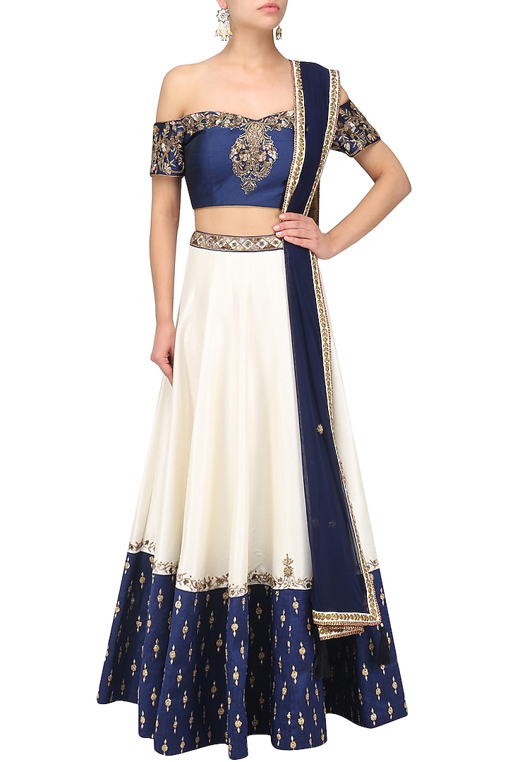 White and blue embroidered lehenga set available only at Pernia's Pop Up Shop.