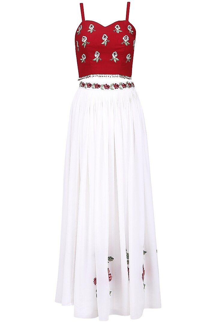 White and maroon embroidered lehenga set by Ruhmahsa