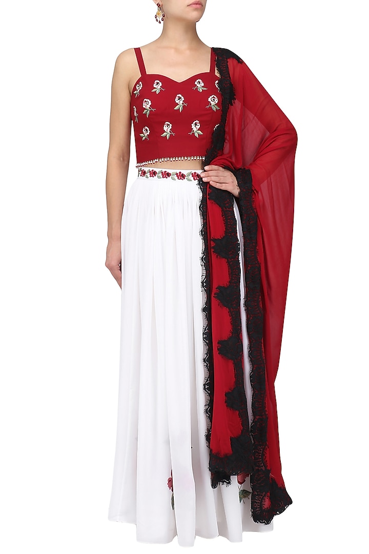 White and maroon embroidered lehenga set available only at Pernia's Pop Up Shop.