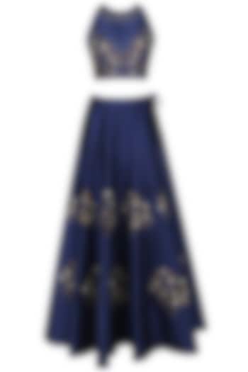 Blue and Copper Floral Embroidered Lehenga Set by Ruhmahsa