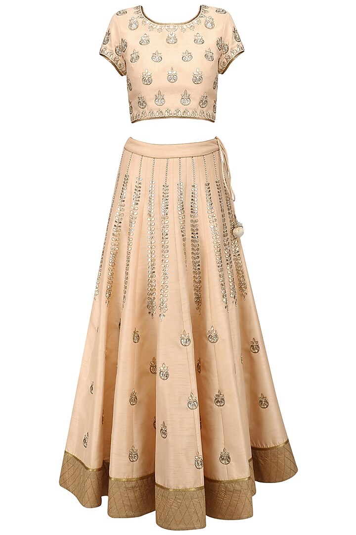 Peach and Silver Embroidered Motifs Lehenga Set by Ruhmahsa