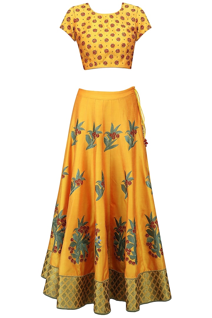 Mustard and Green Floral Embroidered Lehenga Set by Ruhmahsa