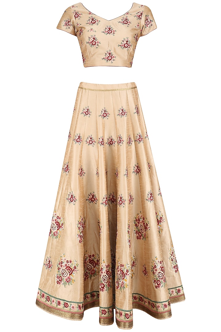 Beige and Pink Embroidered Lehenga Set by Ruhmahsa