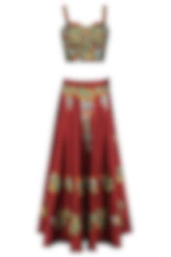 Red and Green Embroidered Lehenga Set by Ruhmahsa