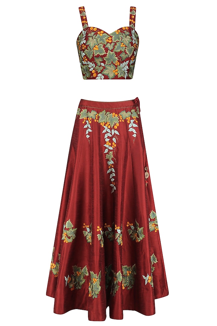 Red and Green Embroidered Lehenga Set by Ruhmahsa