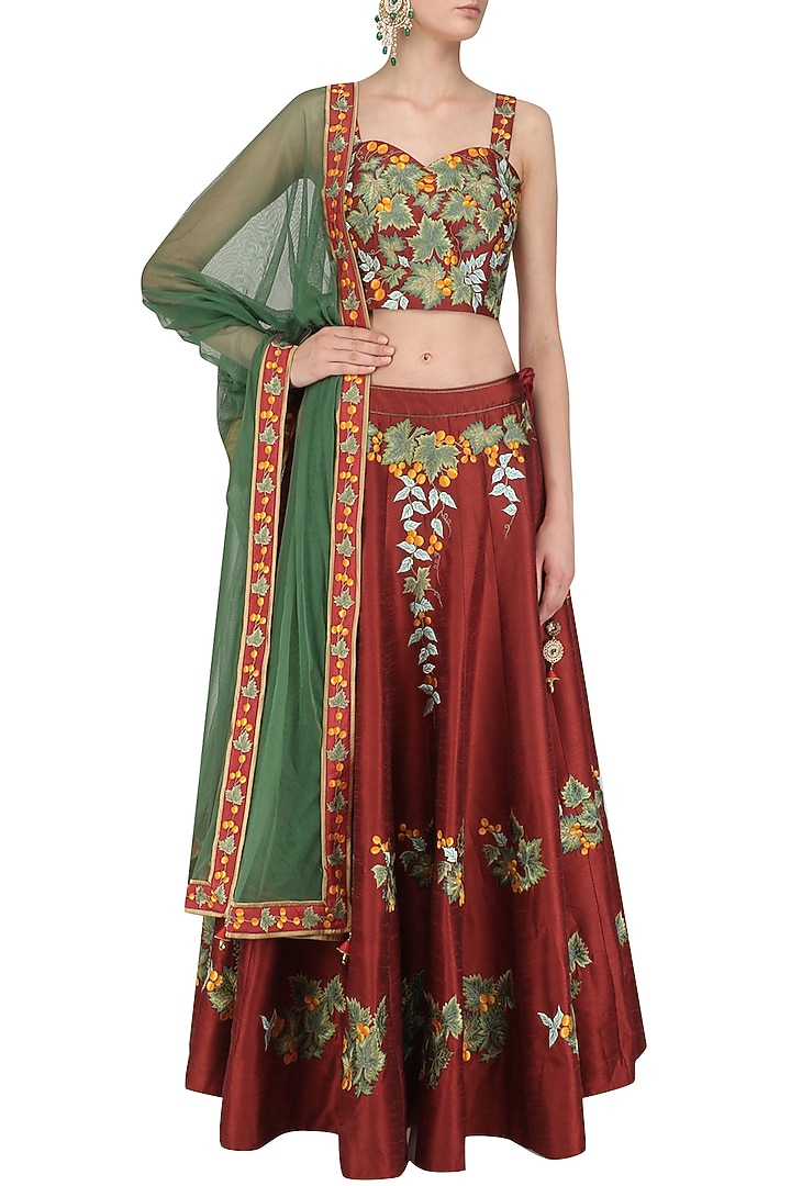 Red and Green Printed Lehenga with Jacket Style Top