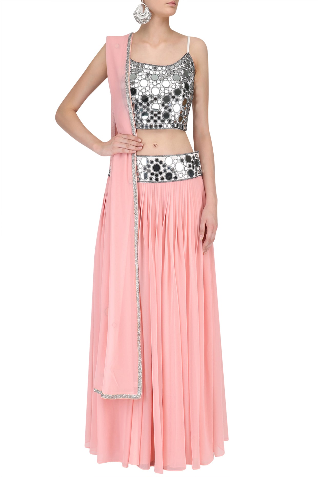 Rani Pink Mirror Work Blouse with Bandini Lehenga and Net Dupatta – Rever  By Liya