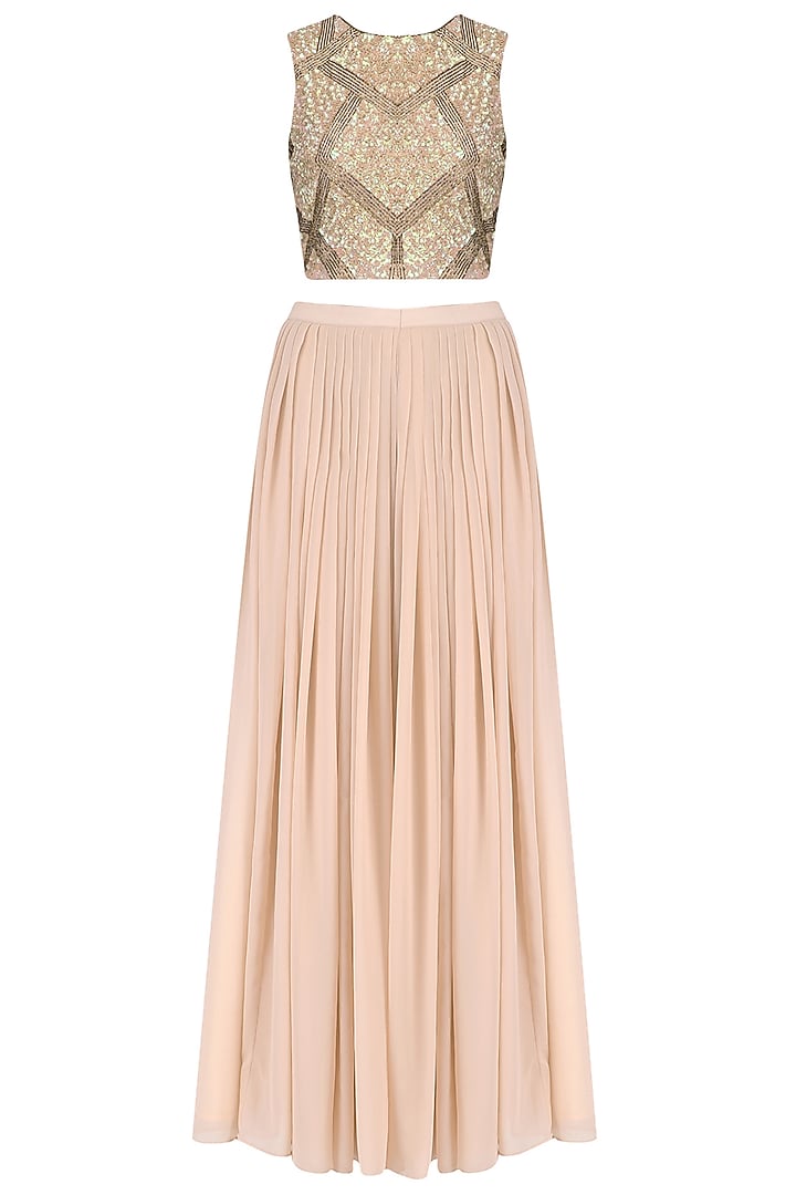 Peach sequins embroidered crop top with palazzo pants available only at Pernia's Pop Up Shop.