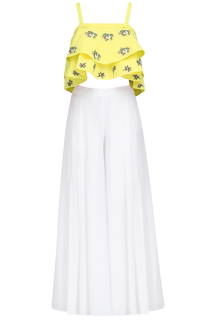 Yellow Floral Motifs Crop Top and White Palazzo Pants Set by Ruhmahsa