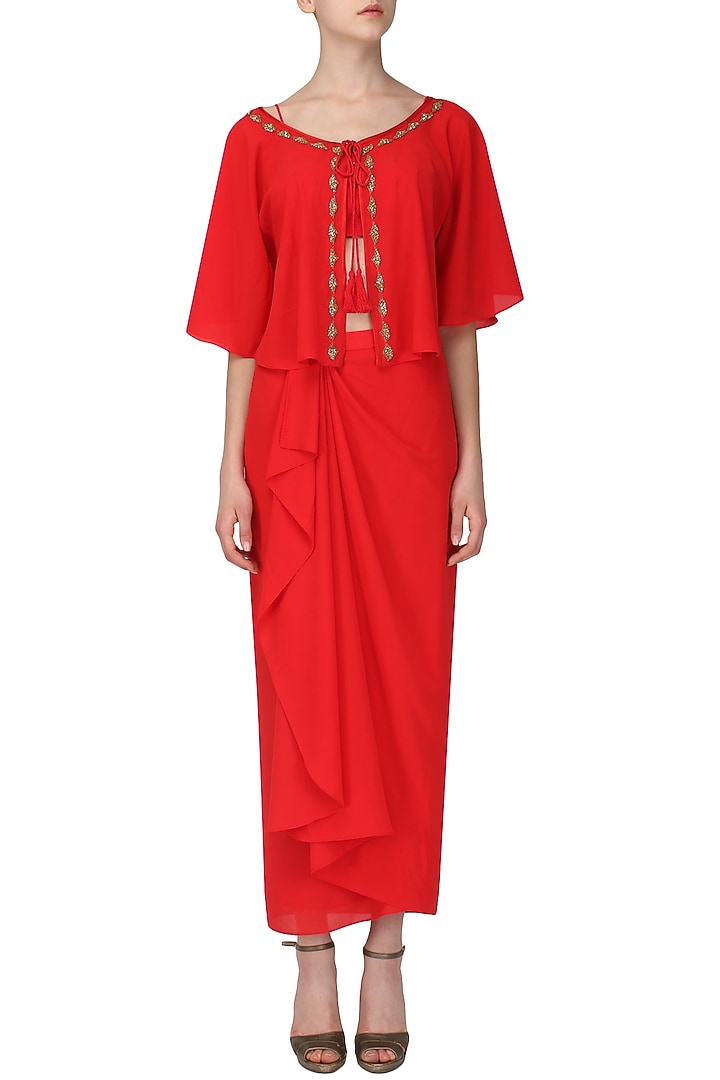 Red embroidered crop top with drape skirt and cape set available only at Pernia's Pop Up Shop.