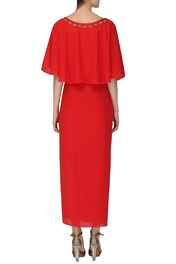 Red embroidered crop top with drape skirt and cape set available only at Pernia's Pop Up Shop.